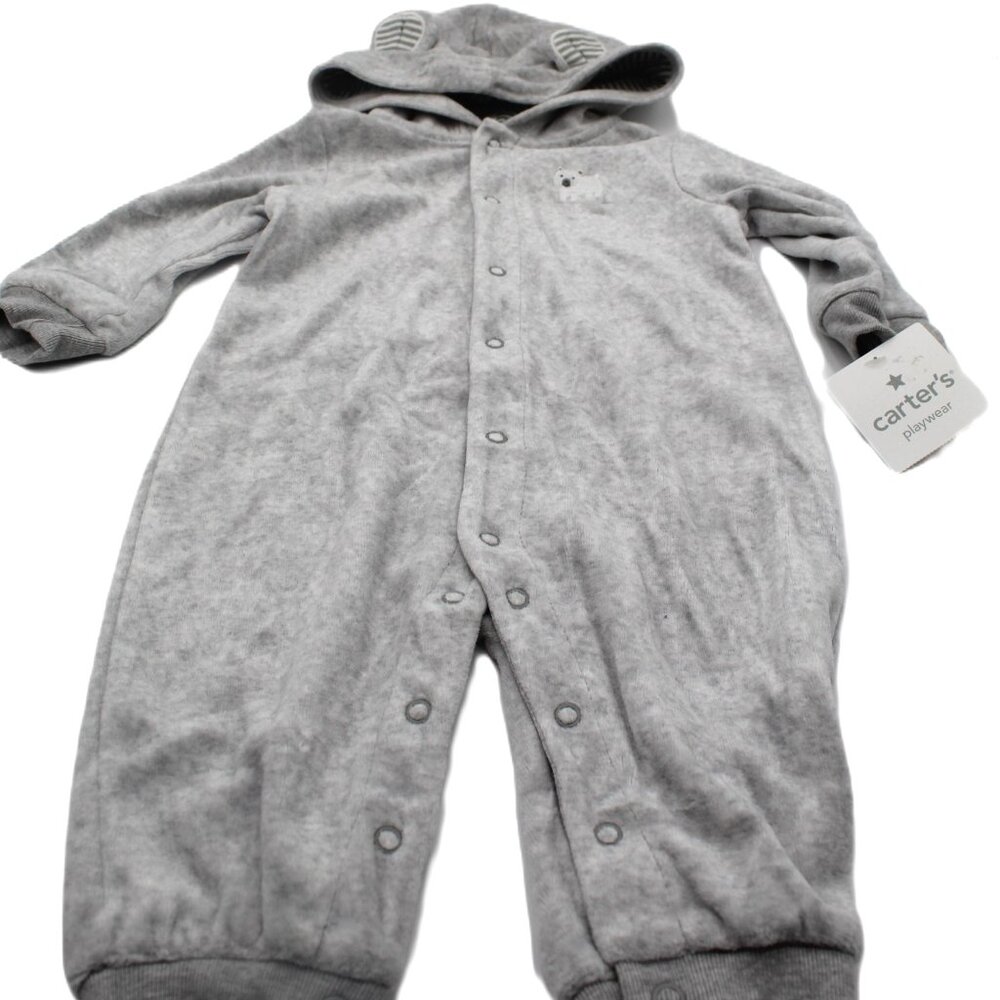 Carter's Unisex Baby Light Gray Long Sleeve One Piece Velour Romper Snap Close